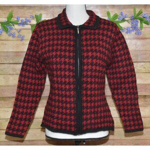 Paul Harris 100% Wool Red Houndstooth Full Zip Cardigan Sweater Size M Retro